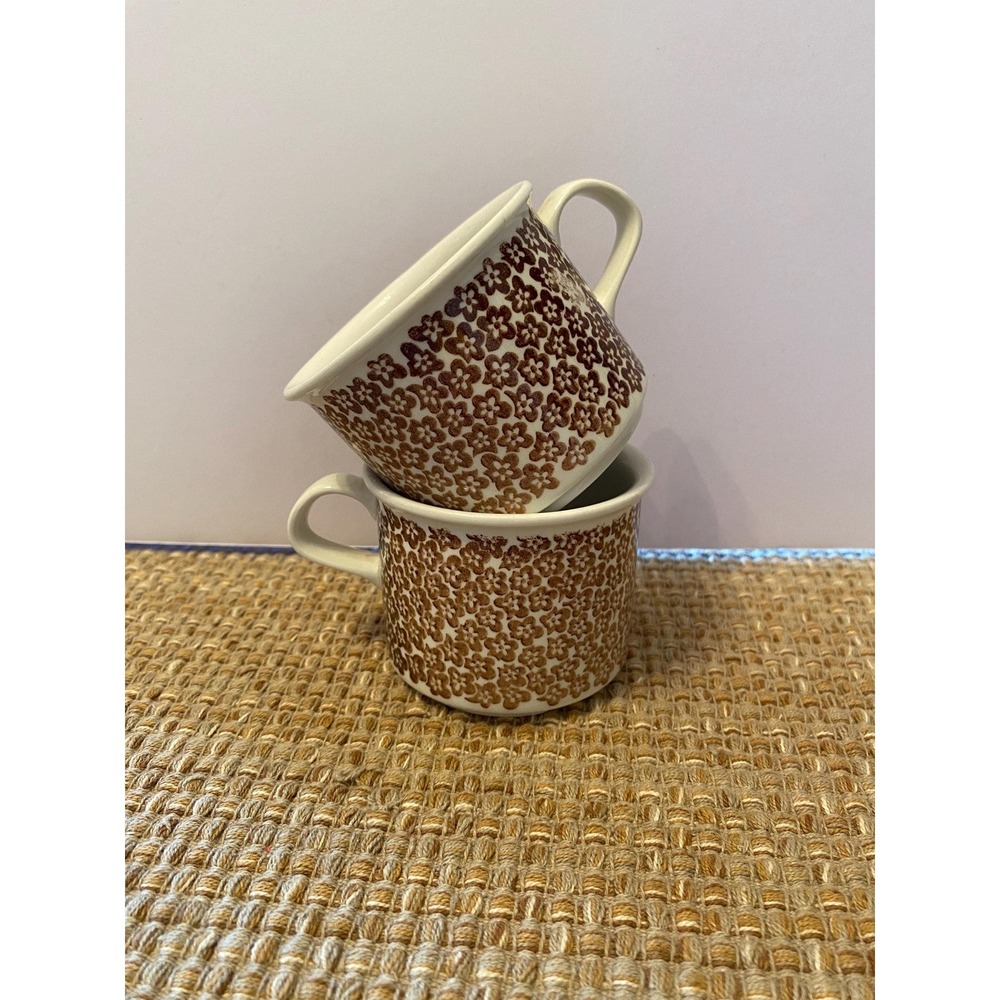 Arabia Finland Faenza Coffee Cups: 70s Brown Flower Mugs